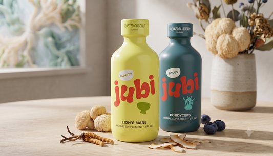 Jubi Lion's Mane and Cordyceps functional energy shots with natural mushroom extracts for morning focus and routine optimization