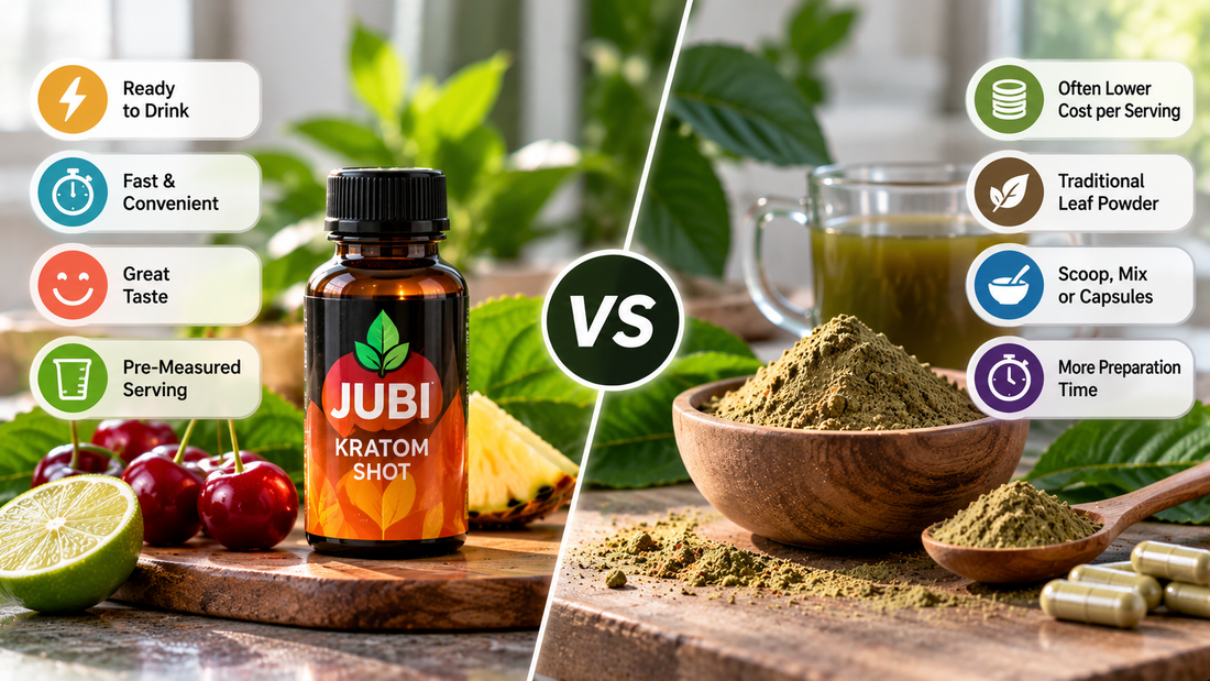 Kratom shot versus powder comparison showing ready-to-drink convenience, traditional leaf powder, preparation methods, taste, and serving format differences.