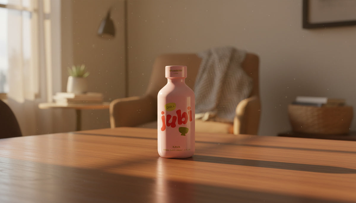 Kava shot bottle displayed in a calm evening home setting